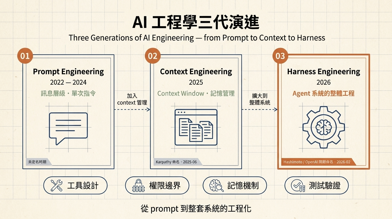 AI 工程學三代演進：Prompt Engineering (2022-2024) → Context Engineering (2025, Karpathy 命名) → Harness Engineering (2026, Hashimoto / OpenAI 同期命名)