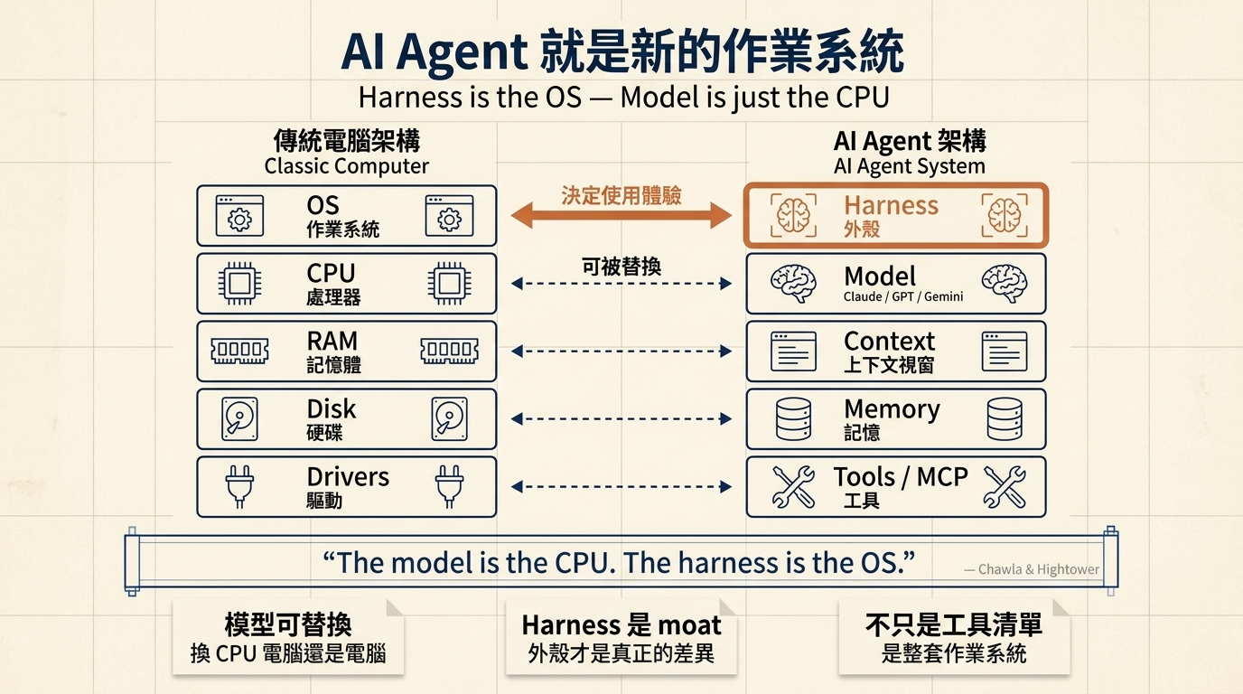 AI Agent 就是新的作業系統：傳統電腦 (OS / CPU / RAM / Disk / Drivers) 對照 AI Agent (Harness / Model / Context / Memory / Tools)，Harness 對應 OS 層