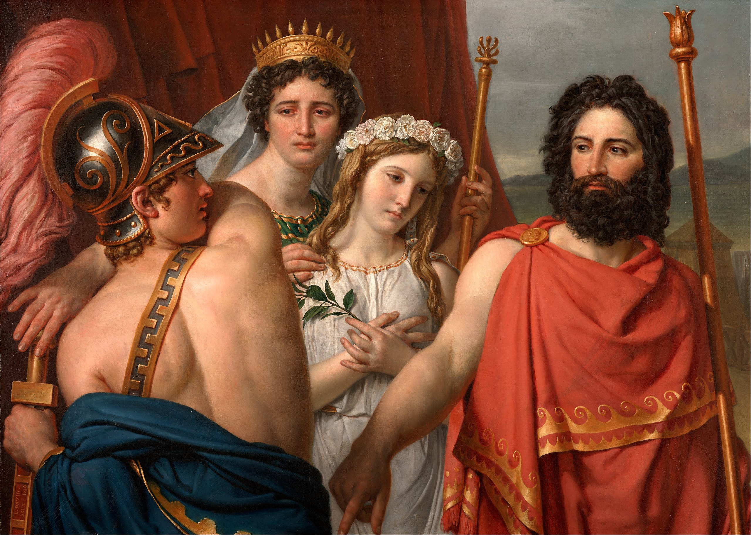 Neoclassical oil painting by Jacques-Louis David showing four figures from Greek myth: on the left, the helmeted Achilles twists toward the viewer, hand gripping his sword hilt; centre-right stands Agamemnon in red cloak, gesturing commandingly; between them, the veiled Clytemnestra places a protective hand on her daughter Iphigenia, who lowers her gaze while holding a small olive branch. Tense stances and sombre faces convey the moment Achilles learns Iphigenia is to be sacrificed.