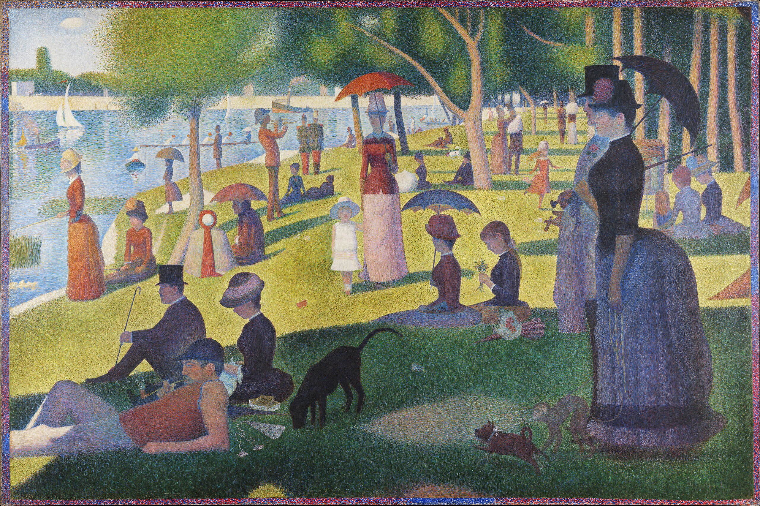 Painting by Georges Seurat titled *A Sunday Afternoon on the Island of La Grande Jatte* (1884), depicting numerous figures—men, women, children, and animals—gathered in a riverside park; all arranged in stylised, static poses, many under parasols or trees, with sailboats in the distance and a notable figure of a young girl in white at the centre staring directly outward.