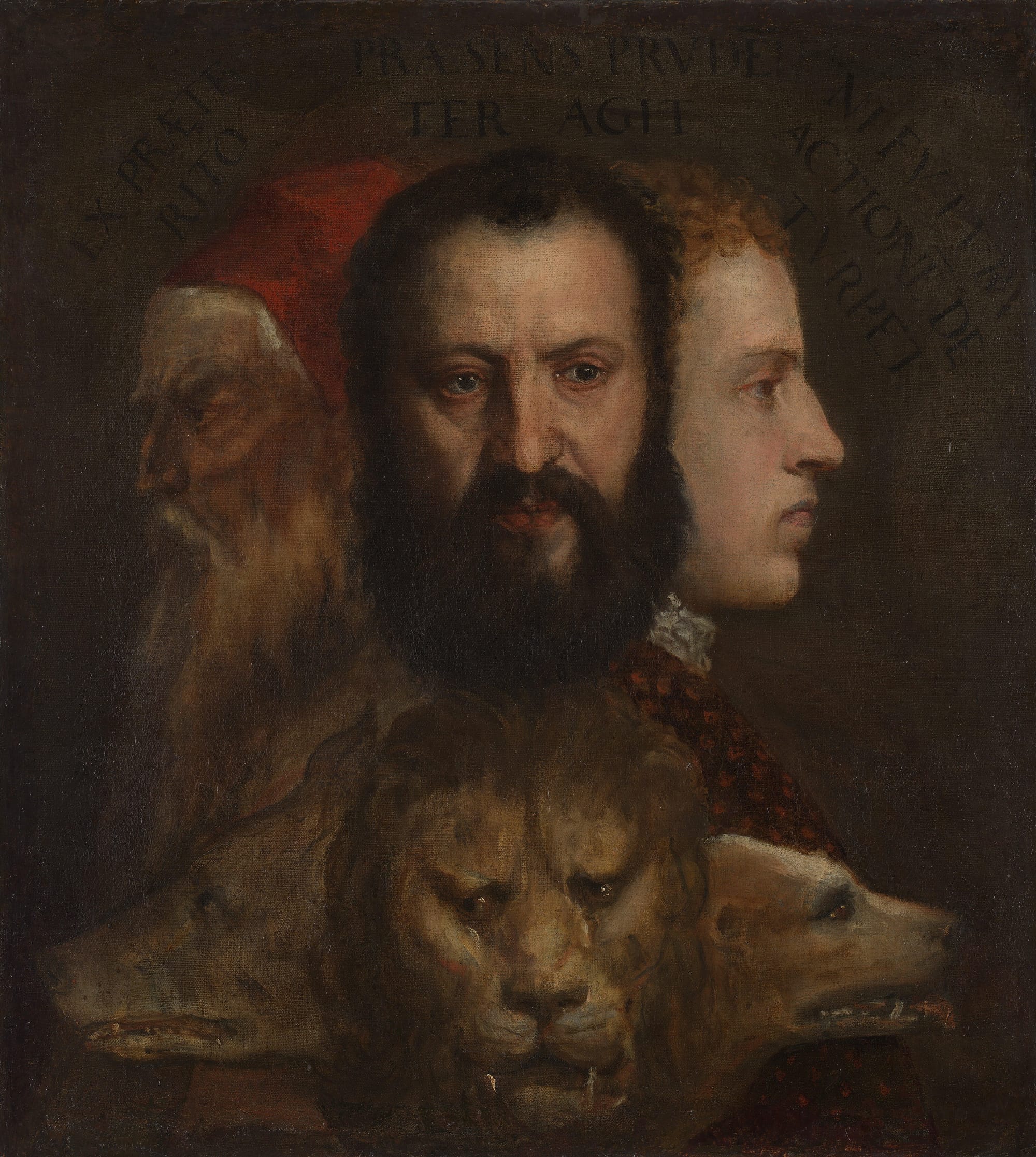 Renaissance painting of three male heads (young, middle-aged, old) above three animal heads (dog, lion, wolf), symbolising prudence across time.