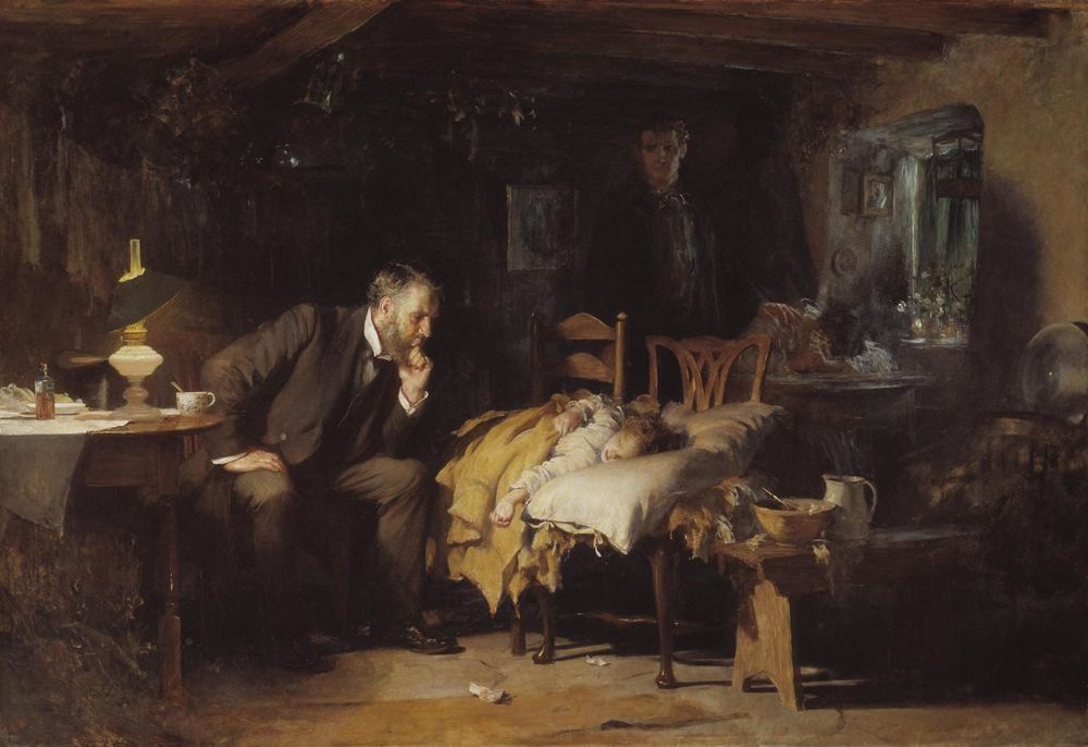 A doctor in dark clothes sits leaning forward, chin on his hand, watching a sick child asleep across two chairs. A lamp burns on the table beside him; parents wait in the shadows behind.