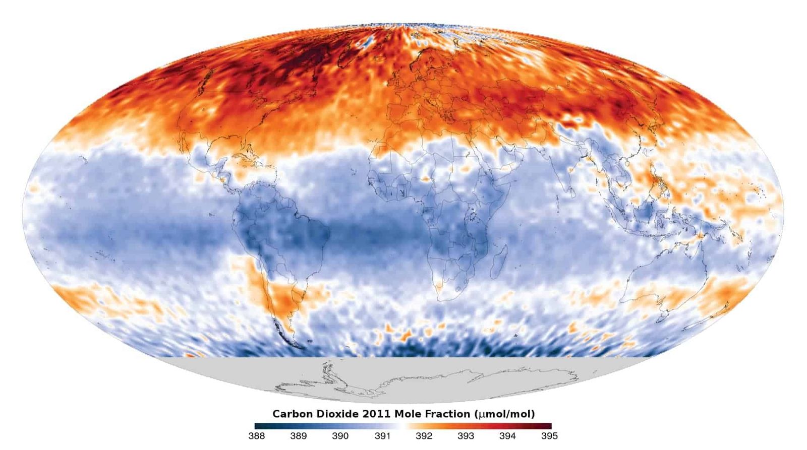 AIRS 2011 annual mean carbon dioxide concentration in the free troposphere