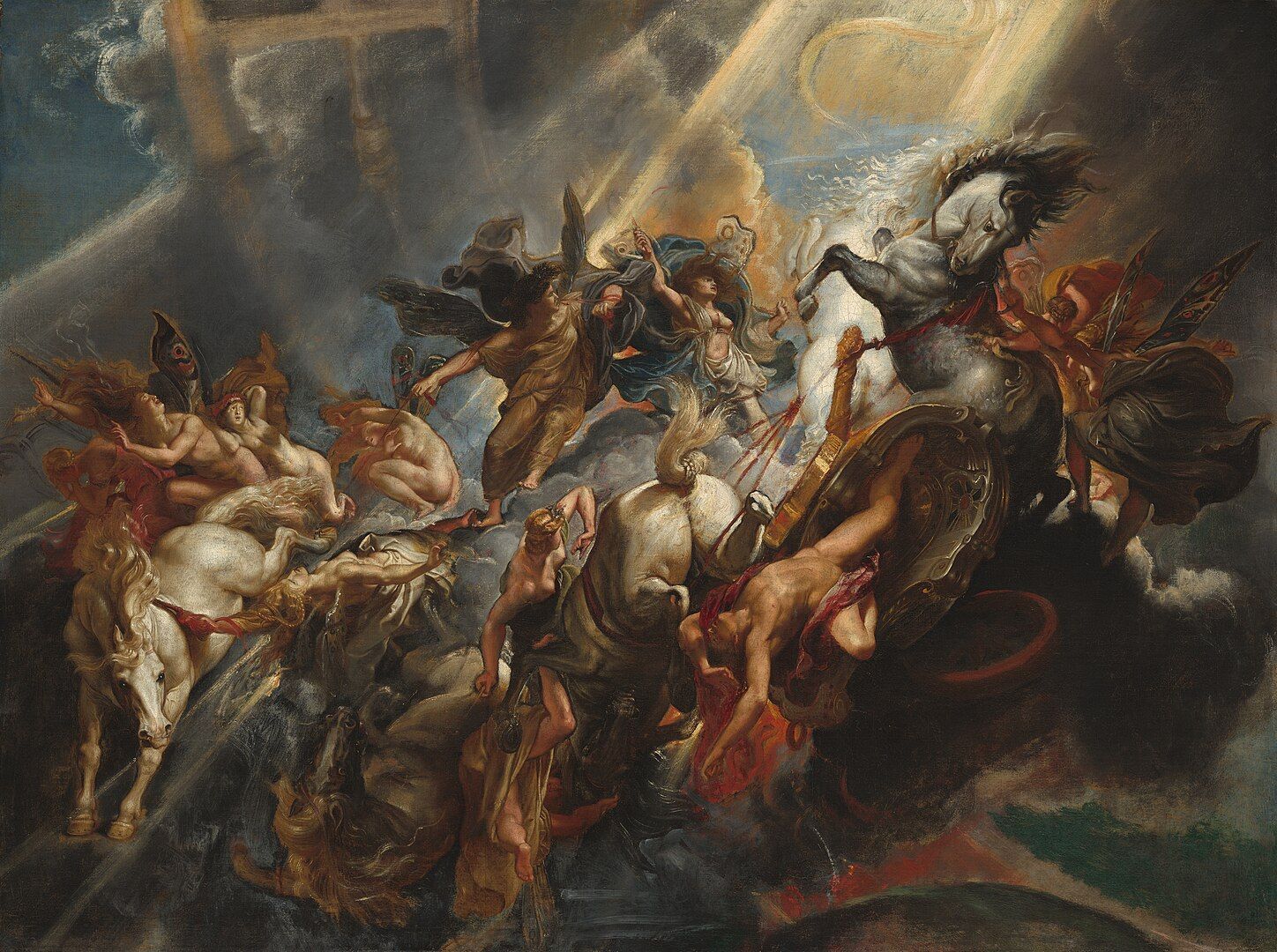 Baroque painting by Peter Paul Rubens, The Fall of Phaeton, depicting a chaotic mythological scene where Phaeton is cast from