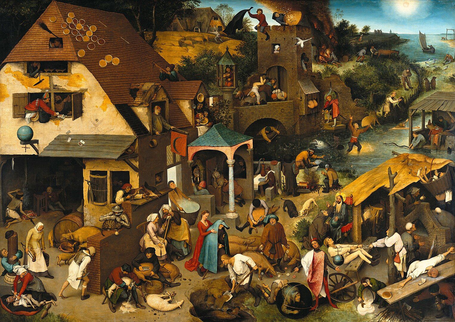 Pieter Bruegel the Elder’s *Netherlandish Proverbs* (1559)—a wide village panorama crowded with dozens of tiny scenes illustr