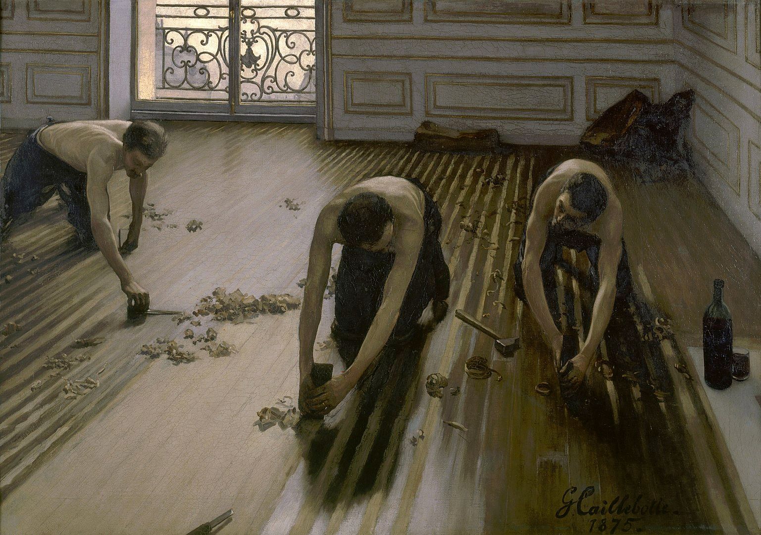 Three shirtless men scraping a wooden floor in a sunlit Parisian apartment, bent over their work in synchronized poses, surro