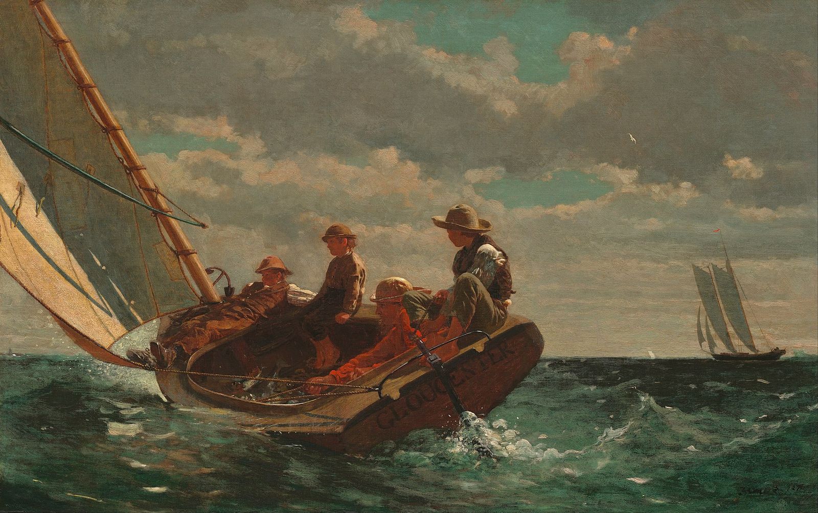 A painting by Winslow Homer showing four boys and a man sailing a small boat called Gloucester across choppy seas under a clo