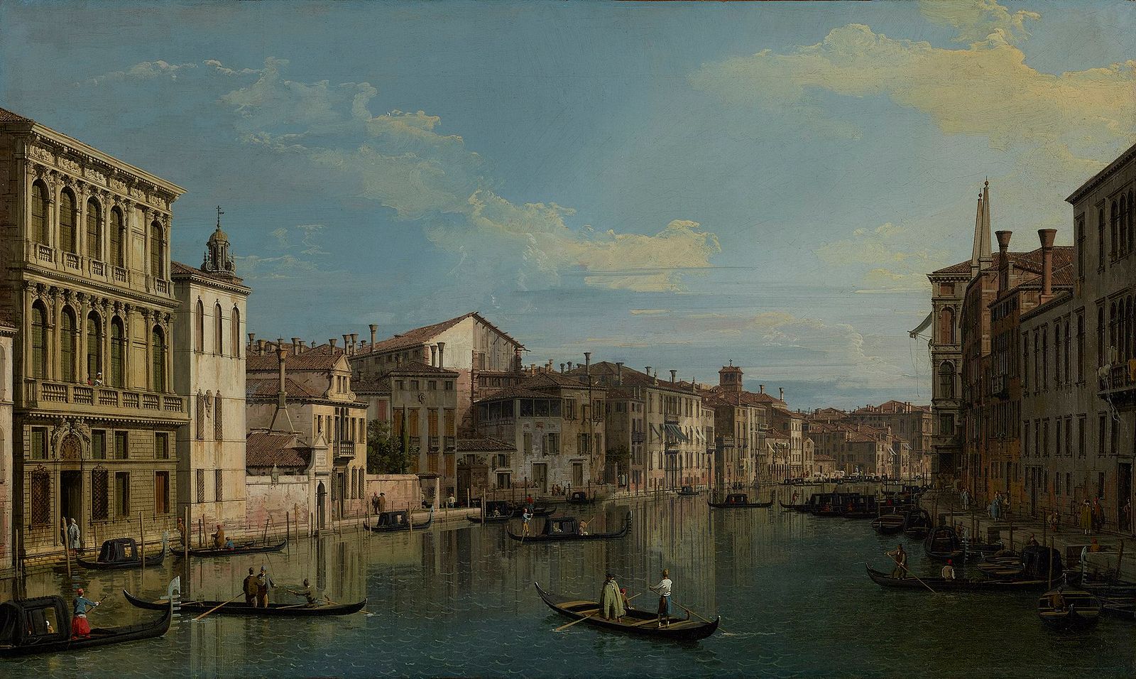 Canaletto’s 18th-century view of Venice’s Grand Canal shows gondolas gliding past Renaissance palaces, merchants and citizens along the waterway beneath a bright blue, cloud-dappled sky.