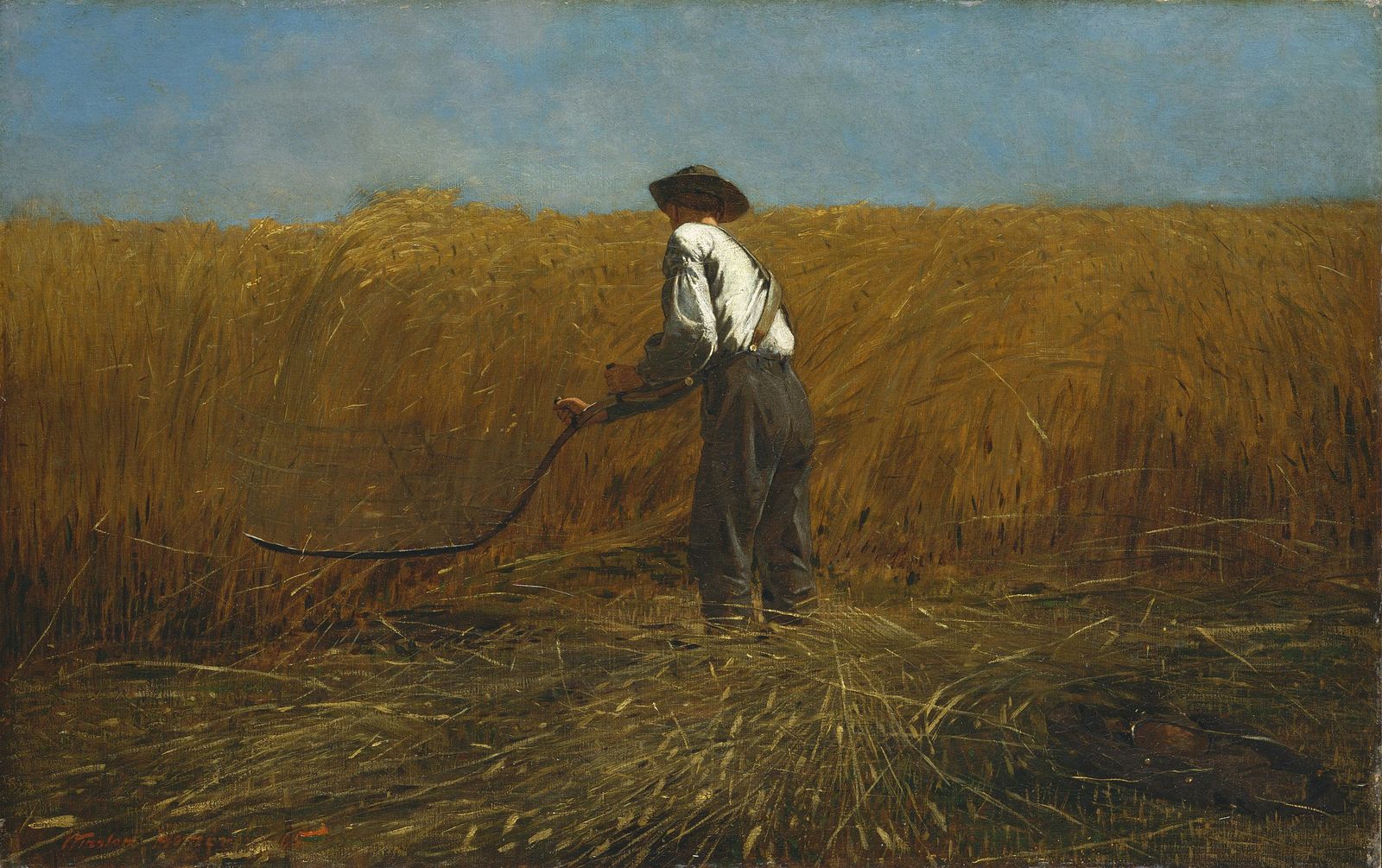 A solitary man with his back turned, dressed in work clothes and suspenders, uses a scythe to cut golden wheat beneath a wide