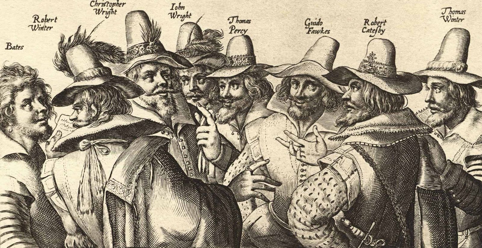 A contemporary engraving of eight of the thirteen conspirators, by Crispijn van de Passe.