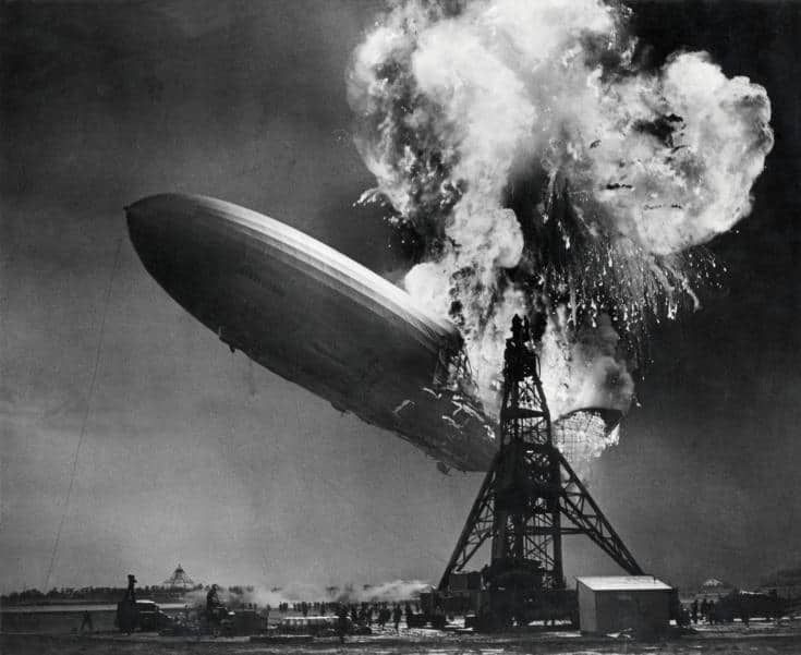Image of the Hindenburg airship catching on fire during its attempt to dock
