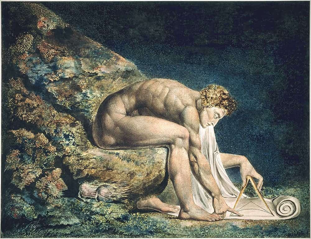 William Blake's Newton (1795), colour print with pen & ink and watercolour