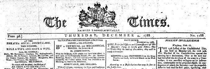 The front page of the London Times for December 4, 1788.