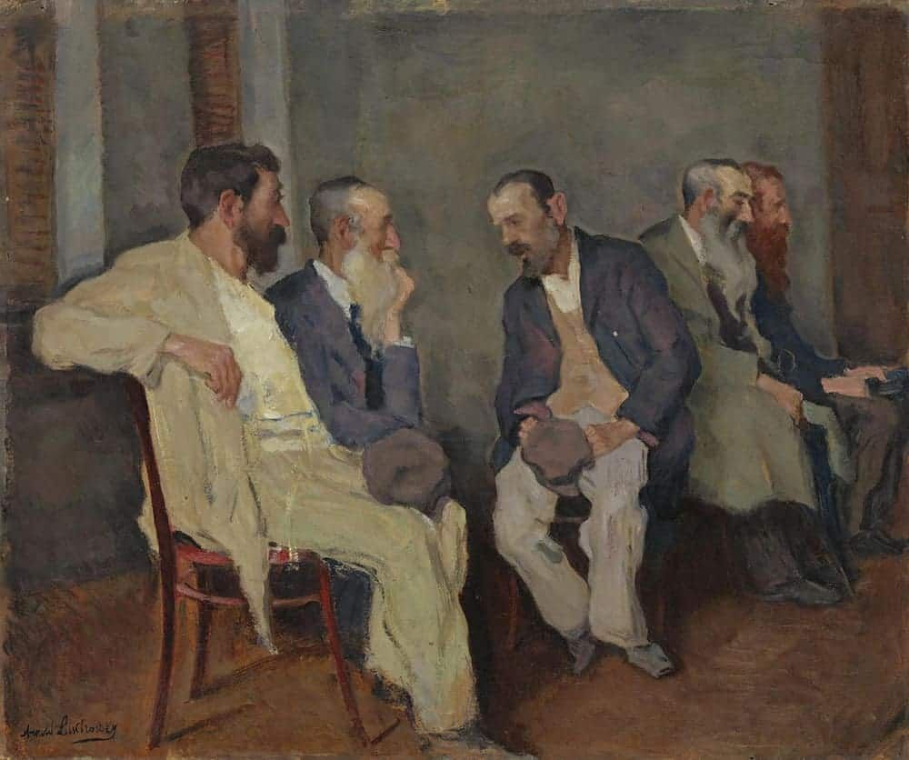 Oil painting of men having a conversation, by Arnold Borisowich Lakhovsky
