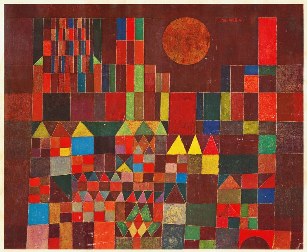 A geometric composition of colourful squares, rectangles, and triangular roof shapes arranged like a stylised cityscape under a large red sun.