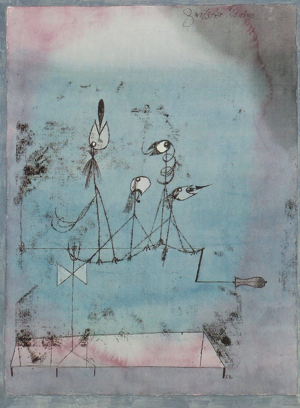 A row of bird-like mechanical figures perched on a wire, drawn in delicate black lines against a washed blue and pink background, blending whimsy and unease.