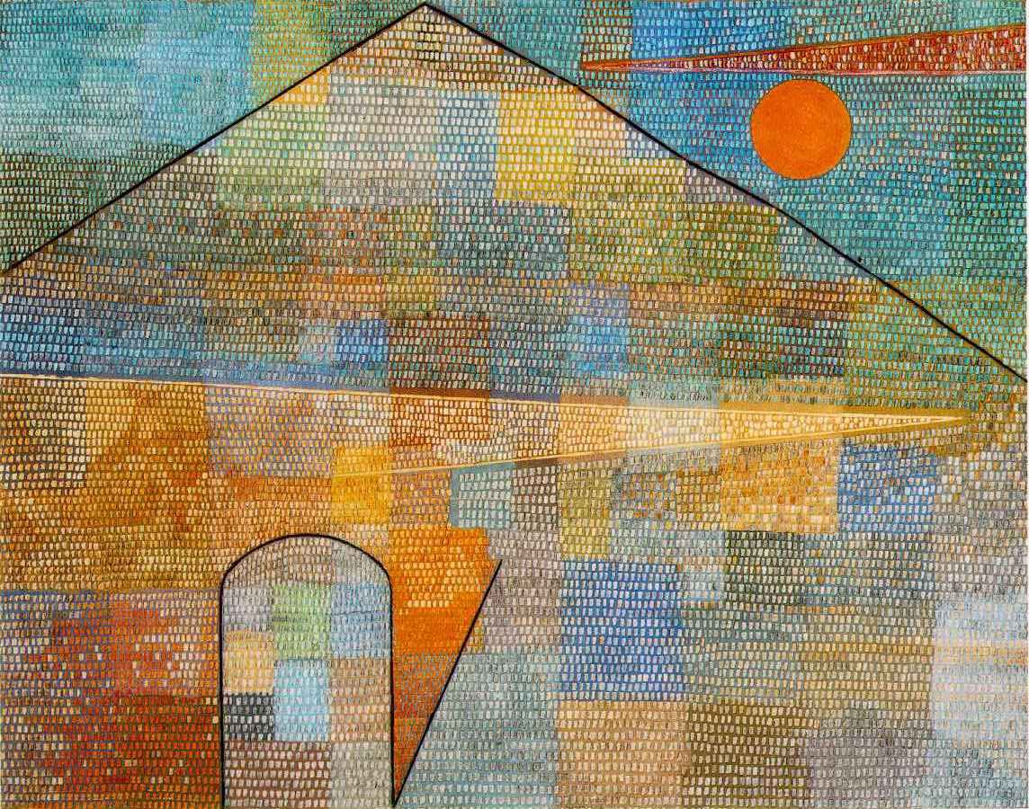 Abstract mosaic-like painting by Paul Klee featuring a large triangular form, a small arched doorway, and a vivid orange sun against textured blocks of colour in blue, gold, and earthy tones.