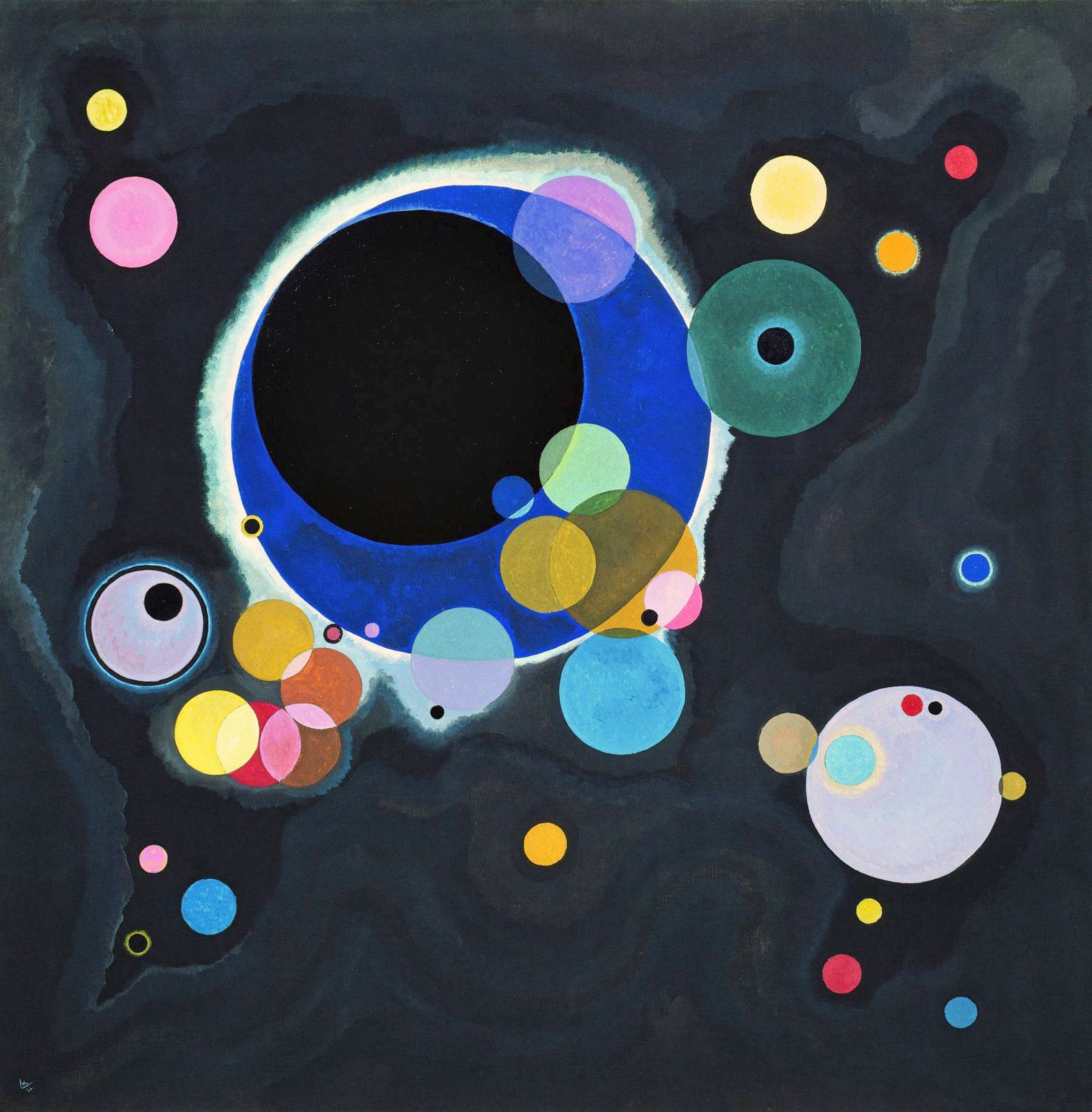 Brightly coloured circles of varying sizes float against a dark, cosmic background, overlapping and glowing like orbiting planets in an abstract night sky.