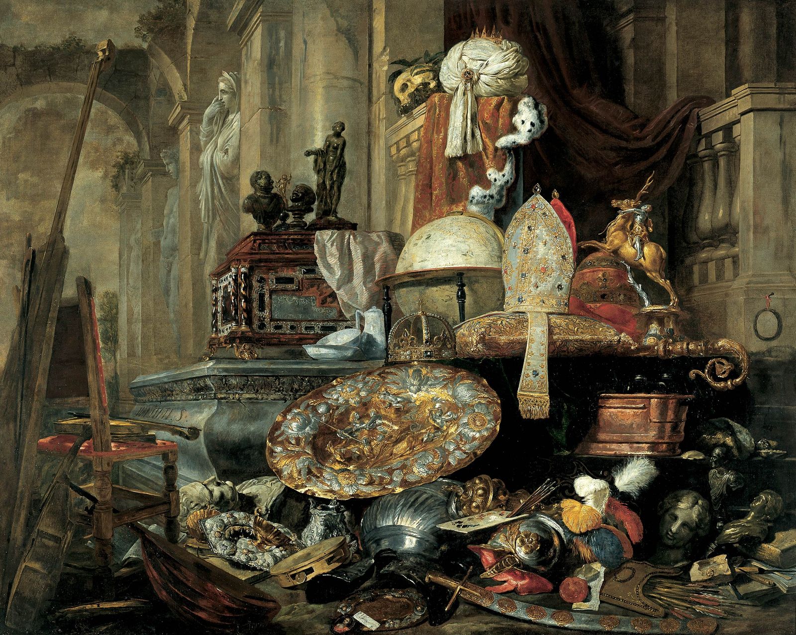 A Baroque still life painting by Pieter Boel depicting a grand assortment of worldly objects—crowns, mitres, armor, musical i