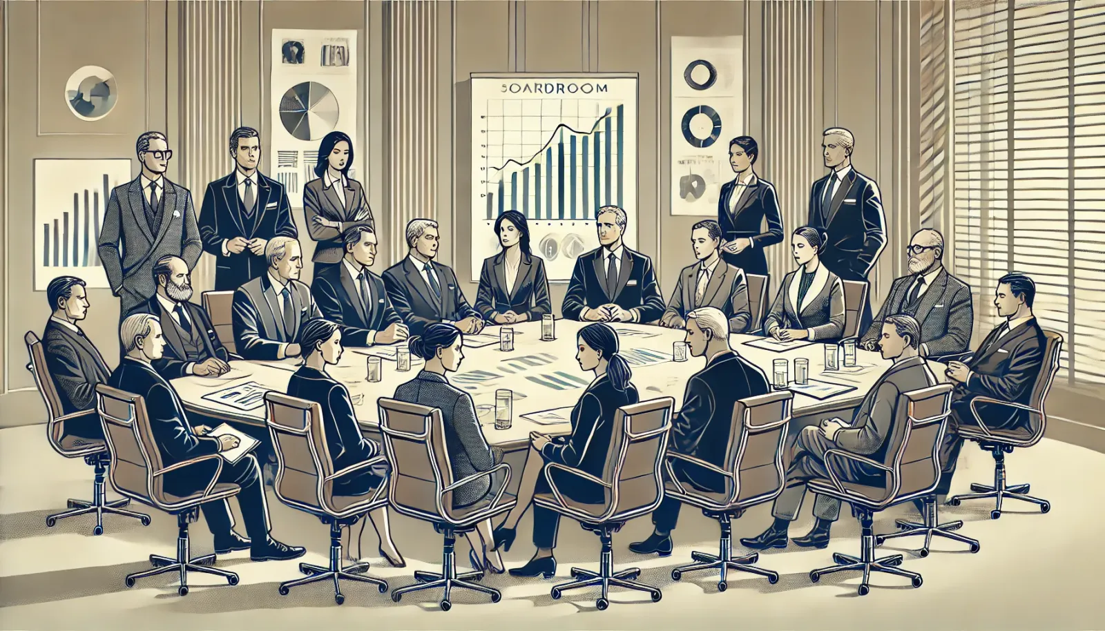 A sophisticated illustration of a diverse group of executives, both men and women, seated around a boardroom table engaged in