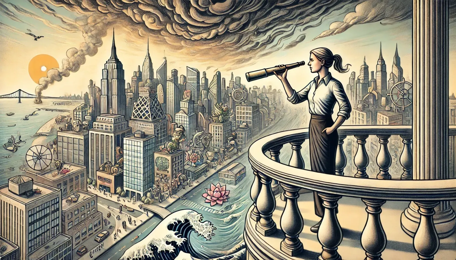 A thoughtful female leader stands confidently on a balcony with natural-looking legs, overlooking a dynamic cityscape that bl