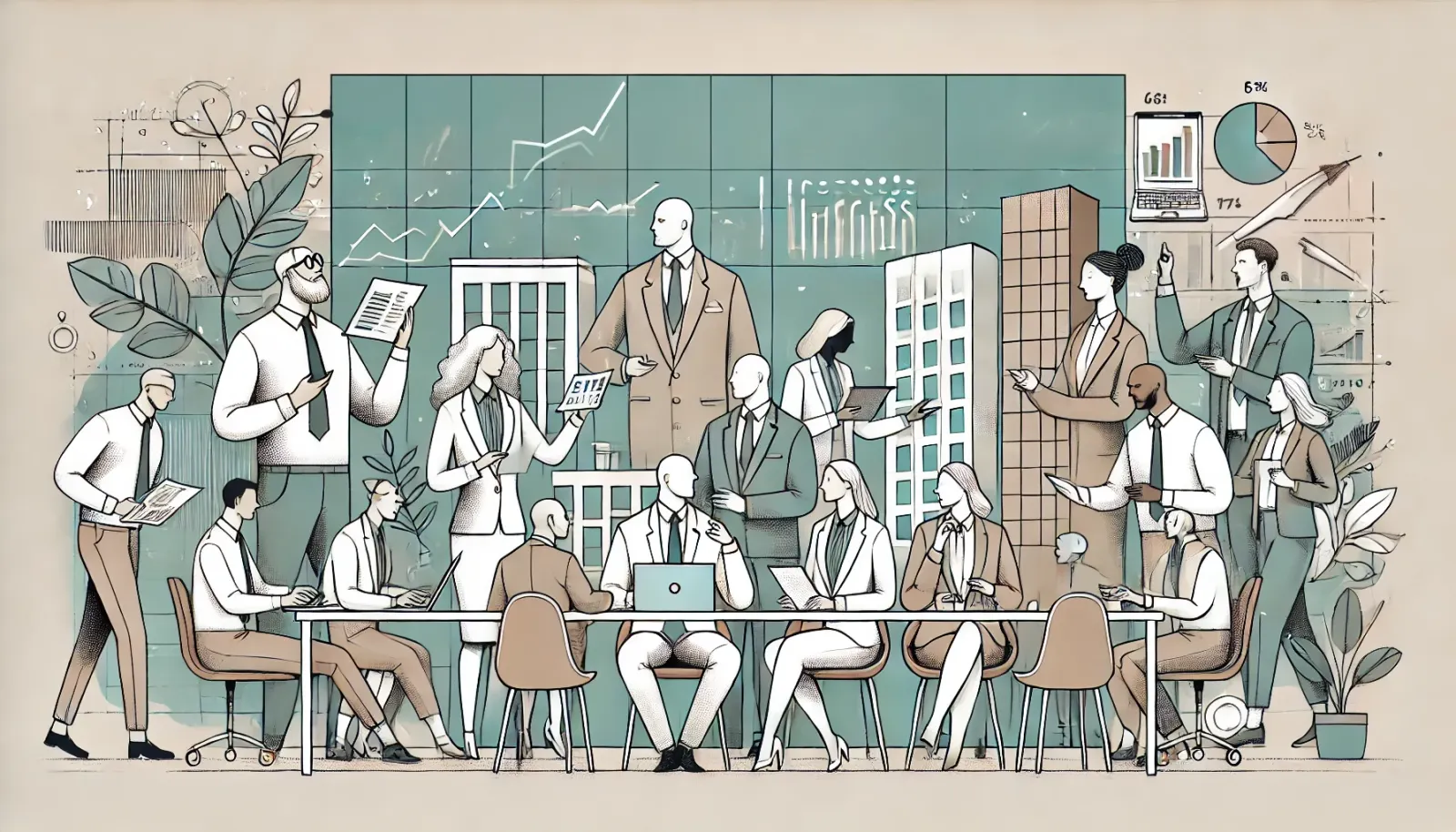 A minimalist, stylish illustration featuring an abstract office scene. Well-dressed, diverse team members are collaborating a