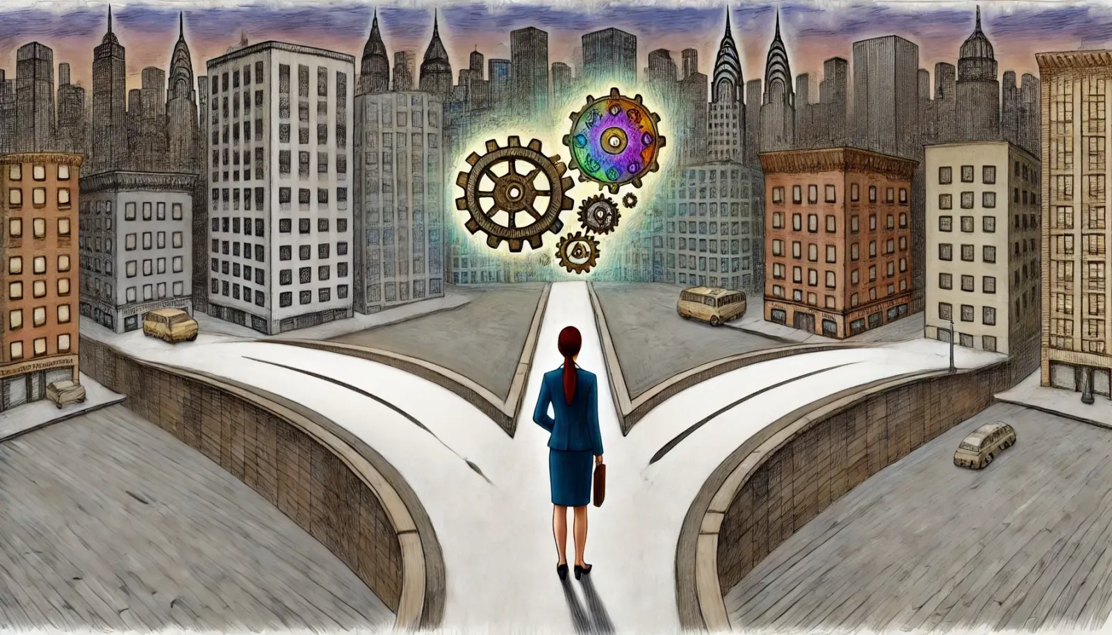 The image depicts a businesswoman standing at a crossroads in an urban setting. Three distinct paths lie ahead of her. One pa