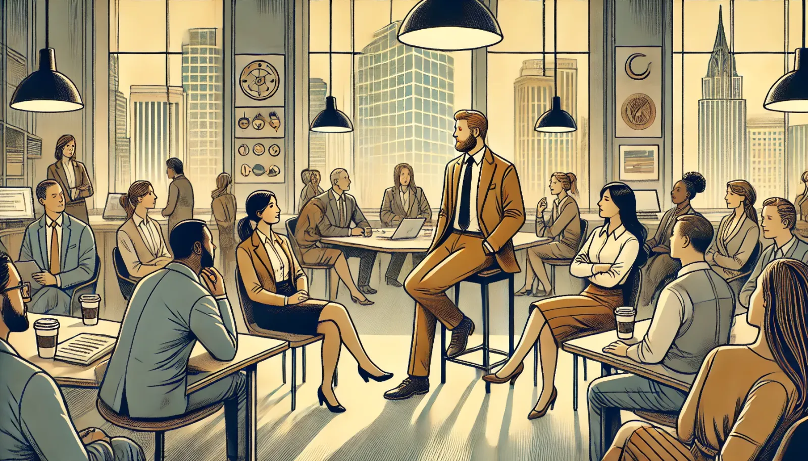 The image depicts a modern office setting with a diverse group of professionals, including men and women of various ethnic ba