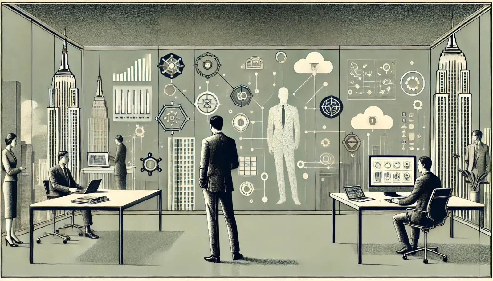 Illustration depicting a business leader in a minimalist office setting. The leader stands confidently in front of a large di