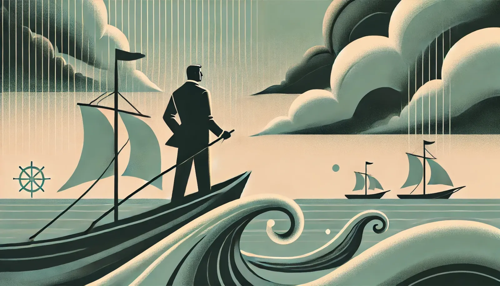 The image depicts a minimalist, elegant illustration of a leader standing at the helm of a ship, confidently facing stormy se
