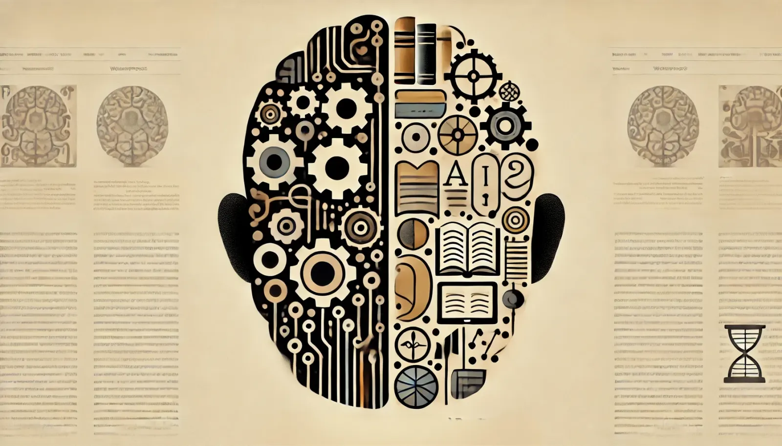 The image depicts an abstract, stylized human brain divided into two halves. On the left side, the brain is made up of mechan