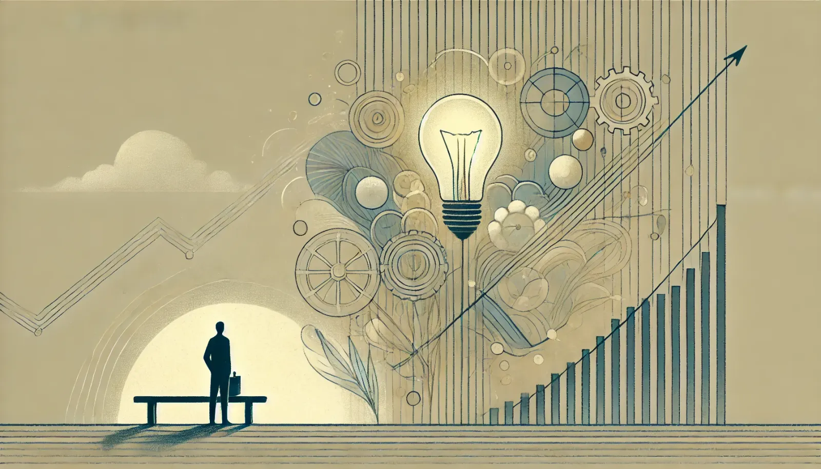 Illustration showing a stylised light bulb symbolising ideas, with a graph line indicating growth, and a figure looking towar
