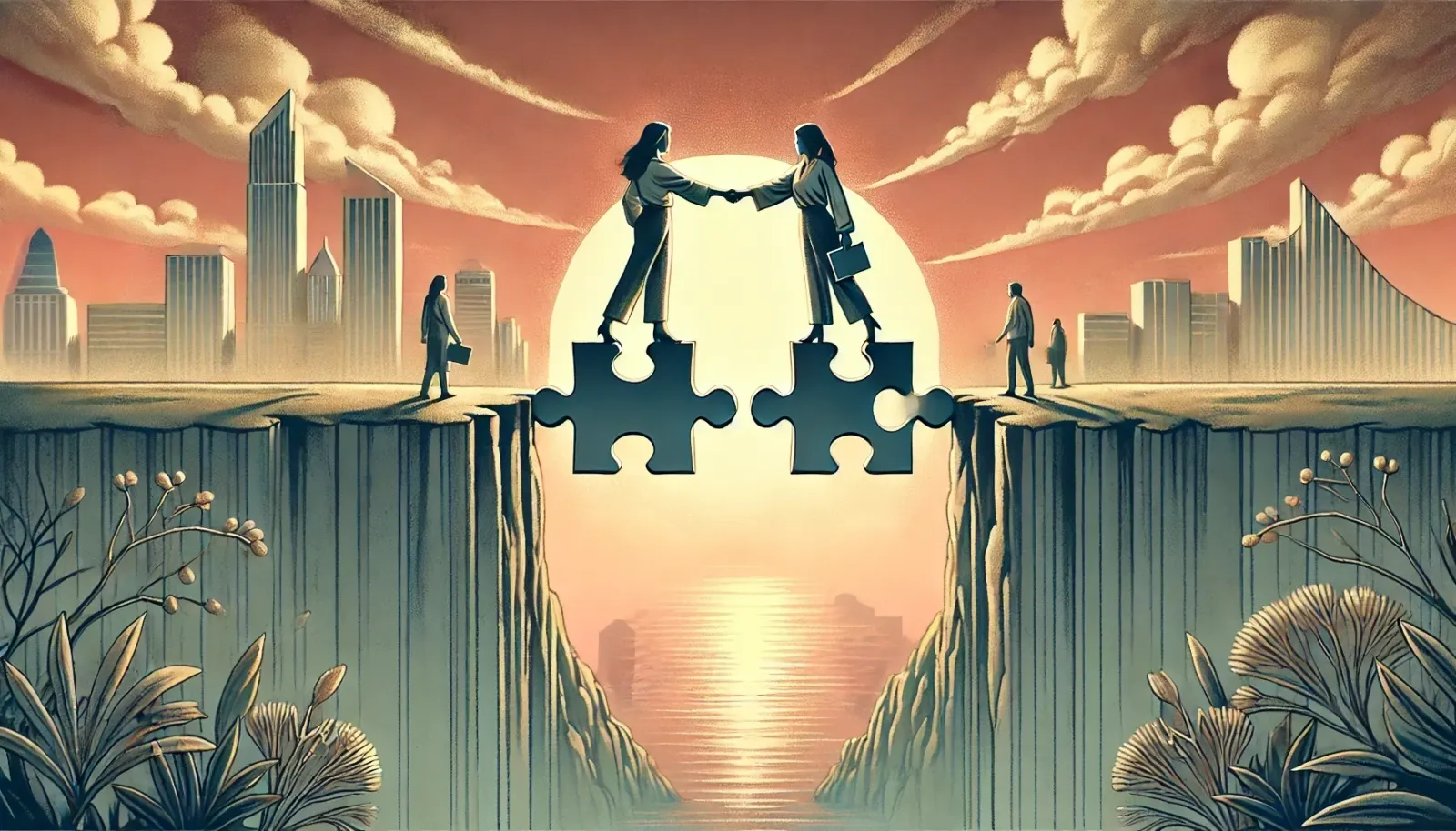 An artistic illustration depicting two women shaking hands on puzzle pieces that connect two cliffs, symbolising collaboratio