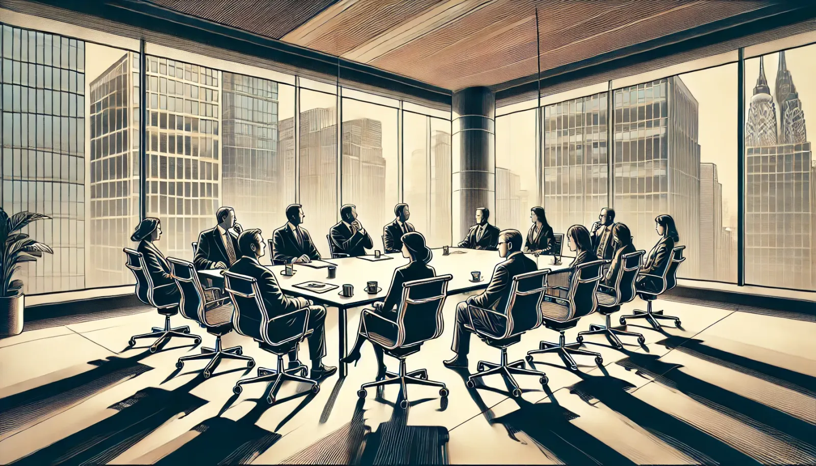 The scene features diverse leaders seated around a sleek boardroom table, engaged in a discussion. Large windows reveal a cit