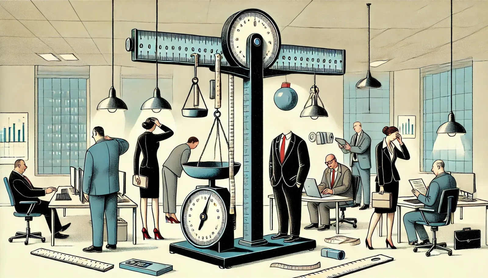 An artistic illustration depicting a corporate office with oversized rulers, scales, and graphs scattered around, symbolising