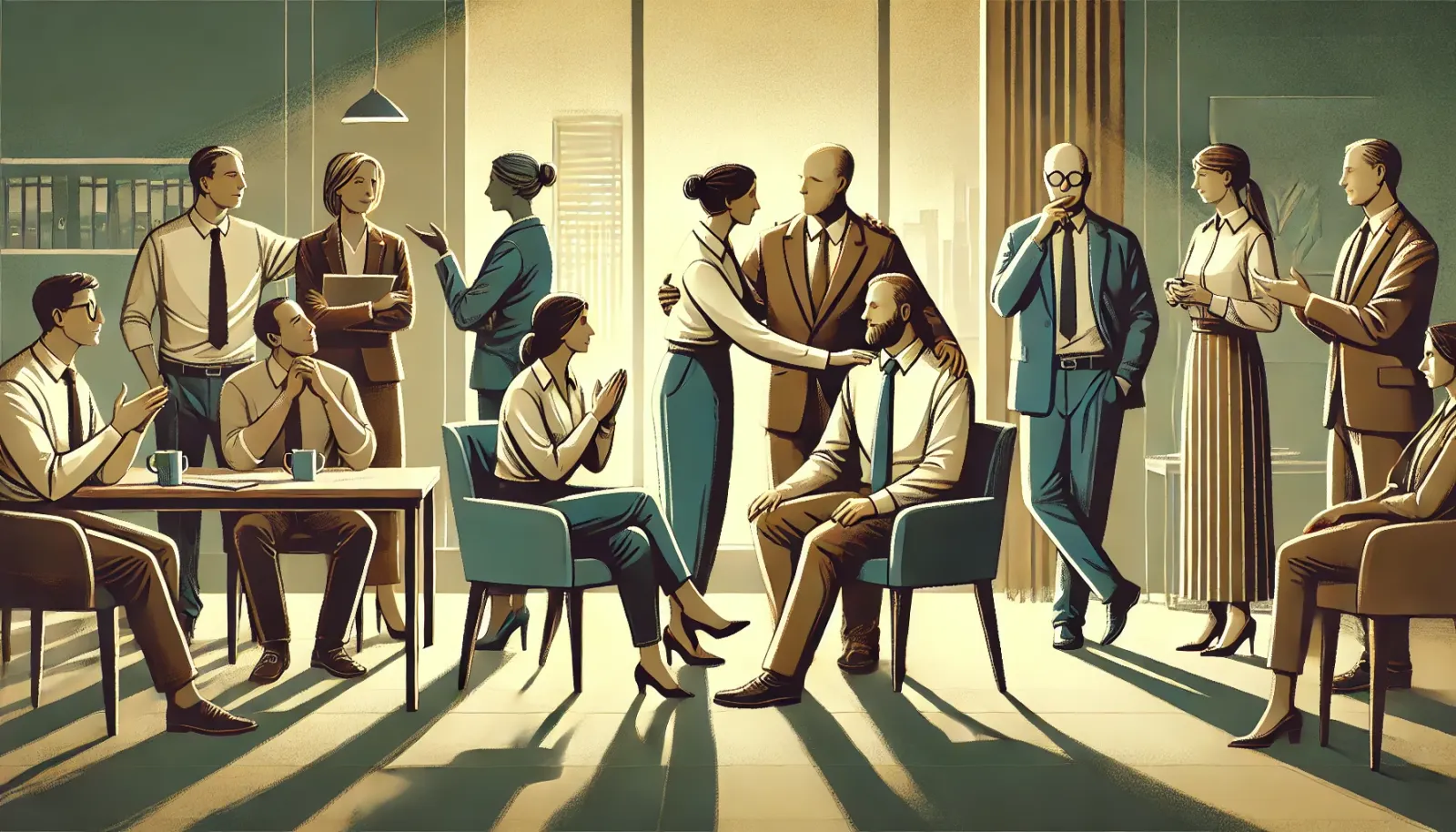 An artistic illustration depicting a corporate office setting with diverse professionals engaged in empathetic interactions.