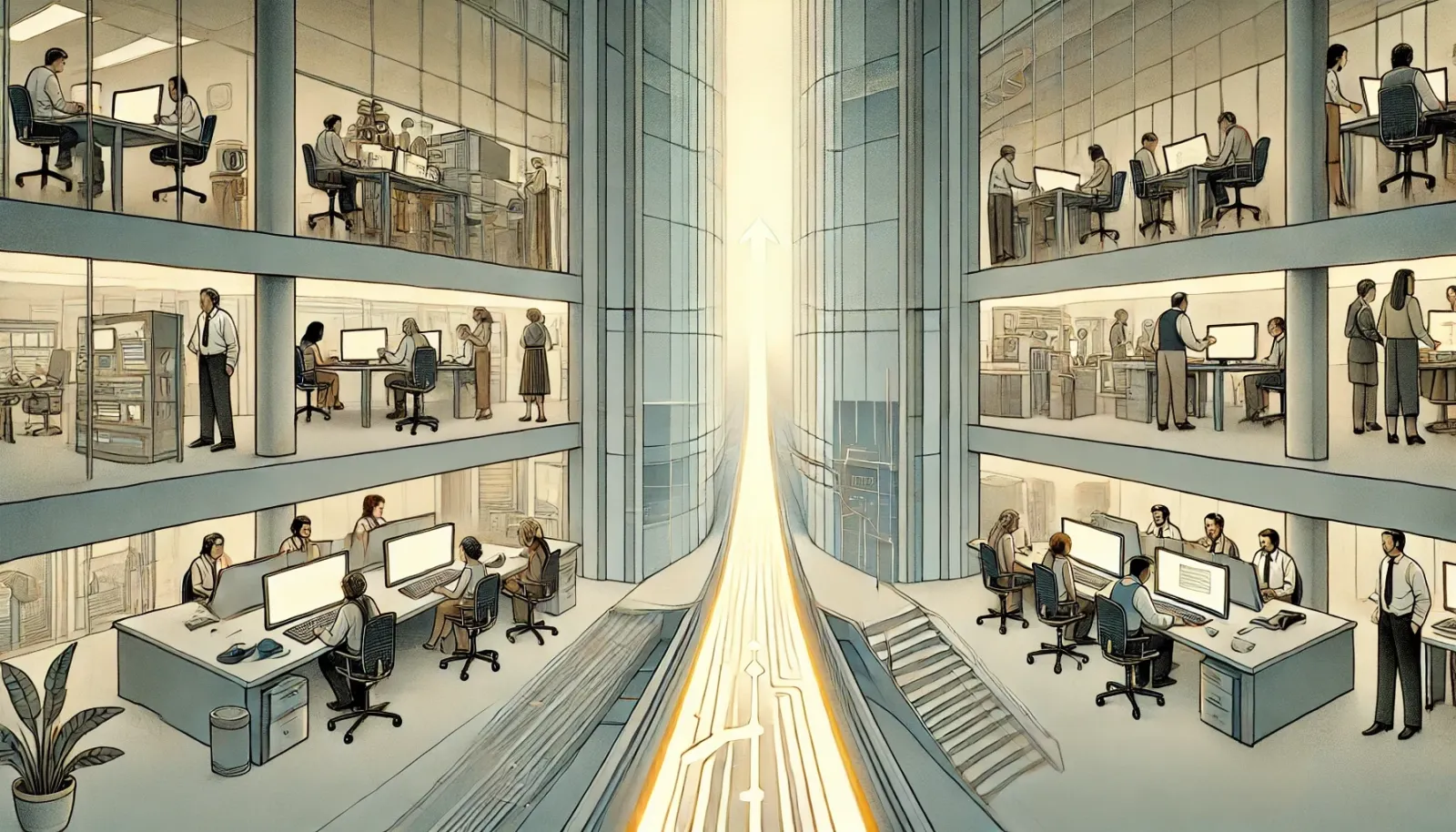 Illustration featuring a futuristic office environment with sleek, modern design elements. Diverse employees collaborate on a