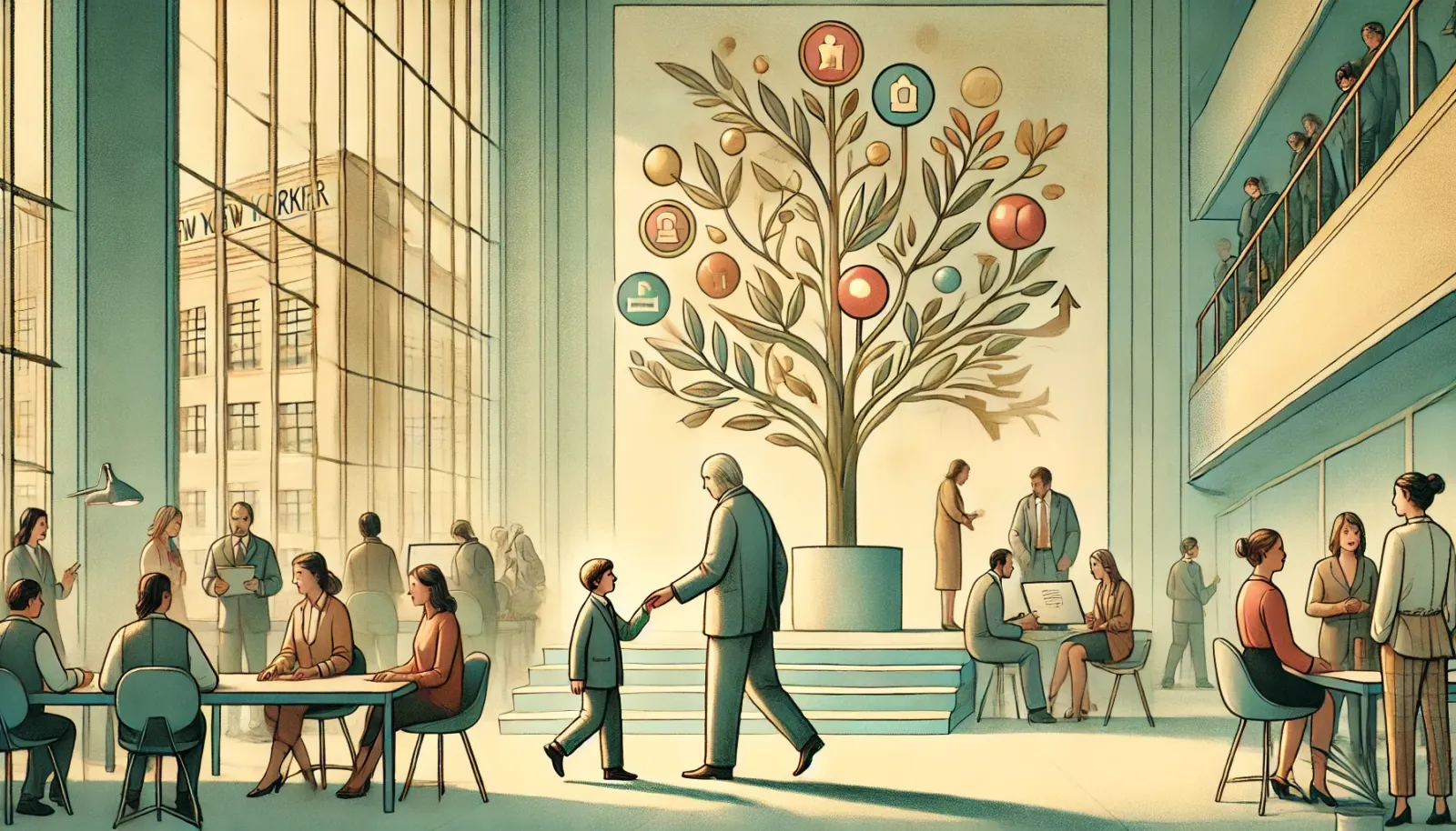 Illustration featuring a vibrant office environment with diverse employees collaborating. At the centre, a mentor guides a yo