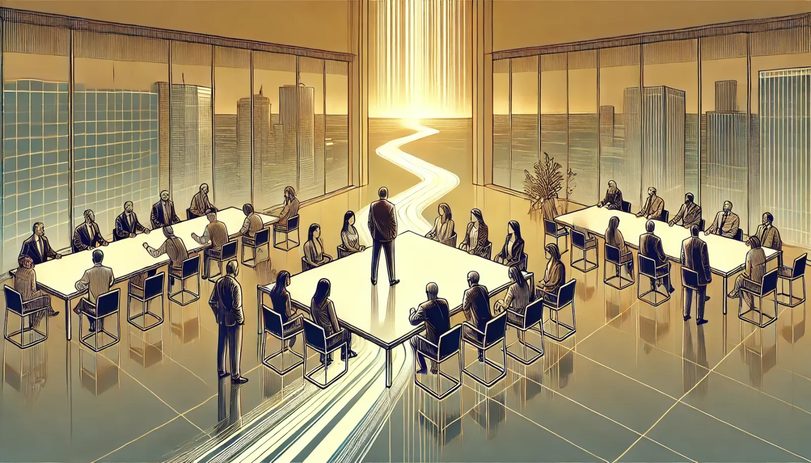Illustration featuring a modern office setting with a diverse group of business professionals collaborating at a large glass