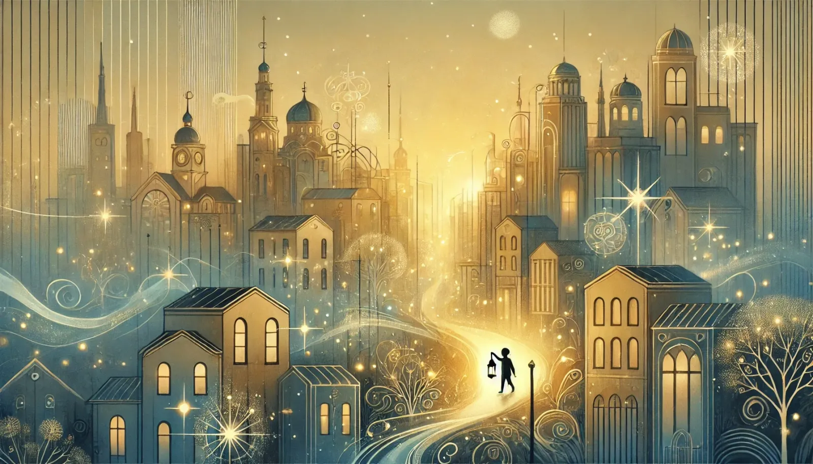 An artistic illustration depicting a magical urban evening scene. The cityscape is illuminated by a warm, golden glow, with s