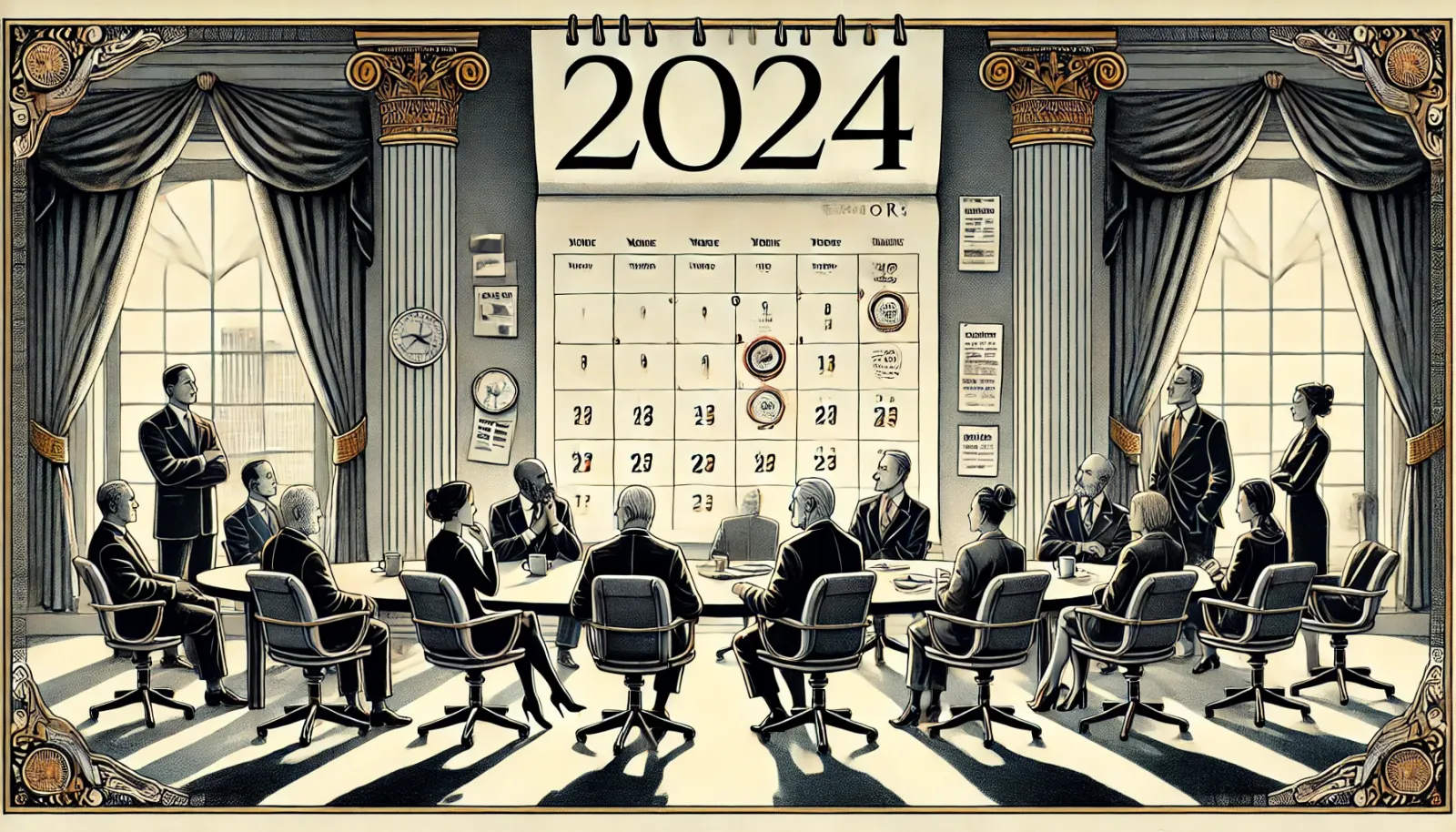 An artistic illustration showing a diverse group of leaders in a boardroom discussing key events from 2024.