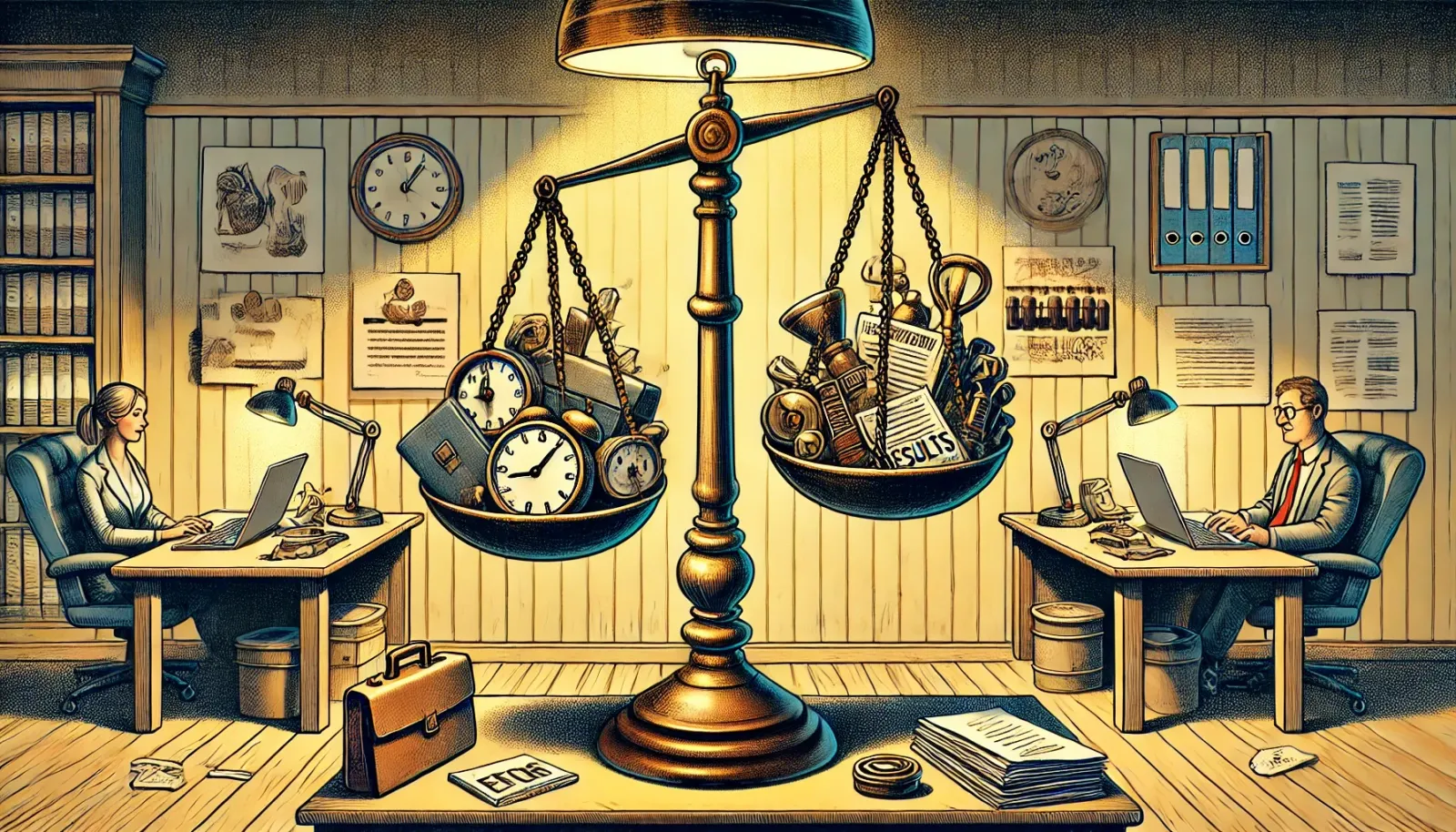 The image depicts a metaphorical representation of the balance between effort and outcomes in a professional setting.