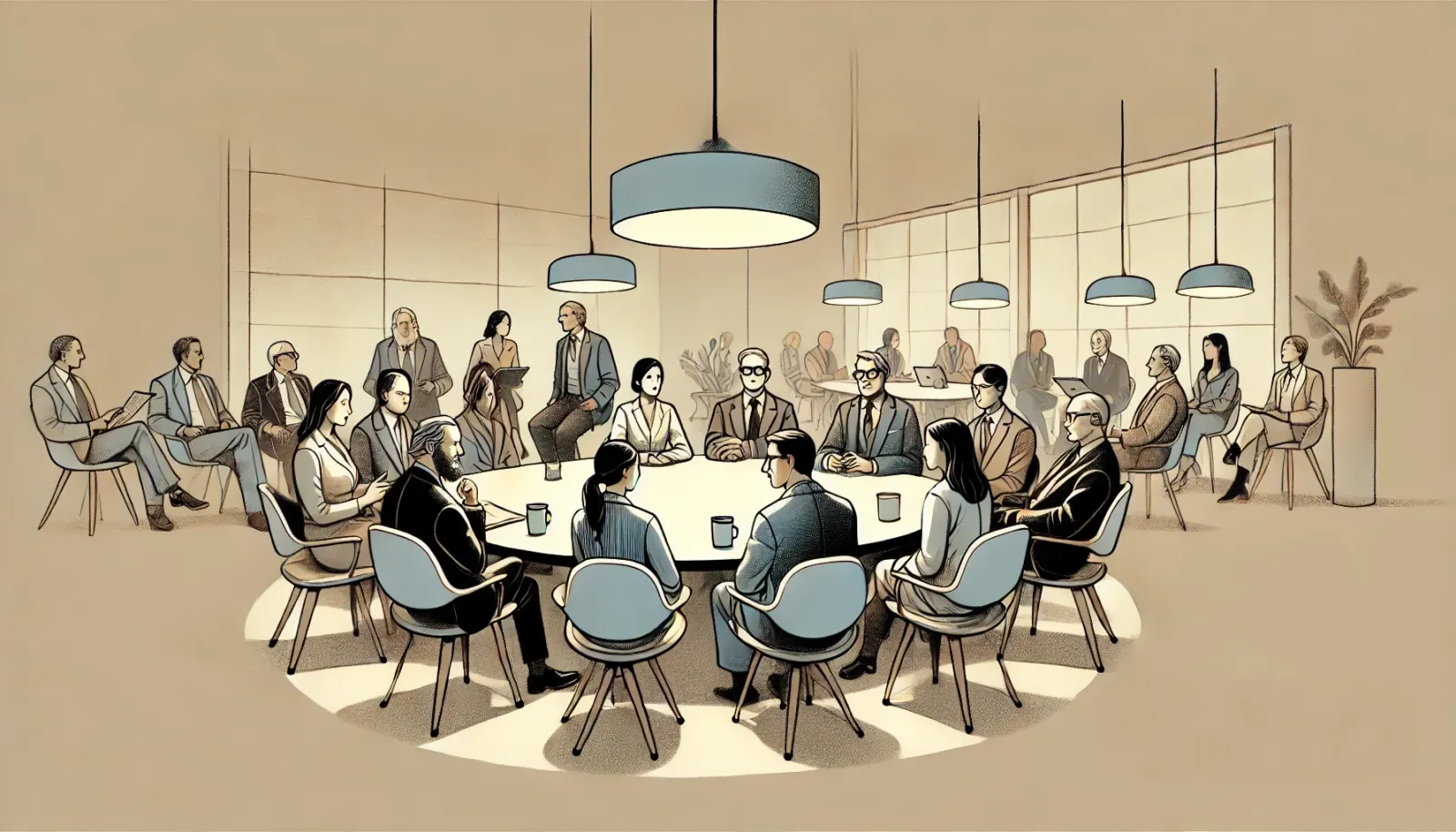 An artistic illustration showing a group of diverse professionals sitting around a modern table.