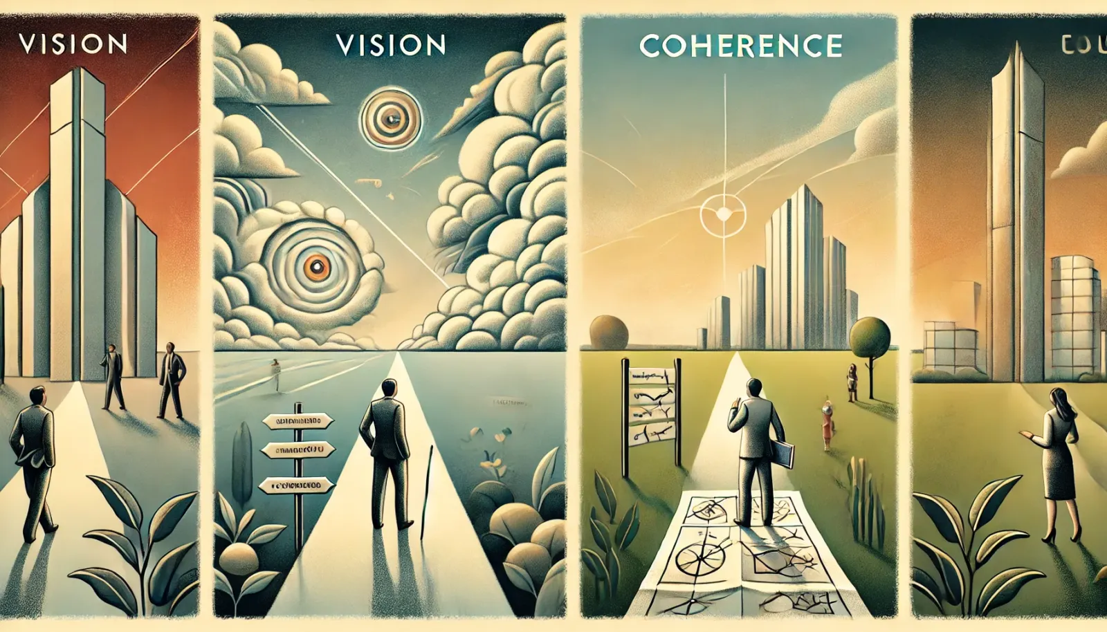 The image depicts two contrasting paths to symbolise the concepts of vision and coherence.
