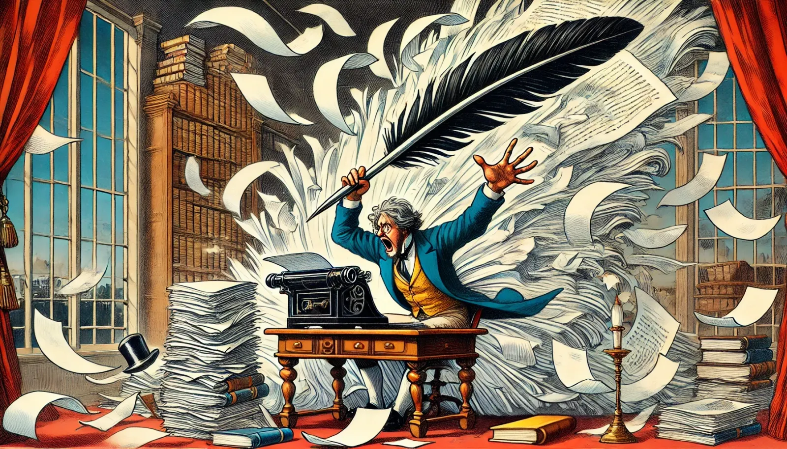 An exaggerated and satirical illustration of a frantic writer, dressed in a blue coat and yellow vest, battles an enormous qu