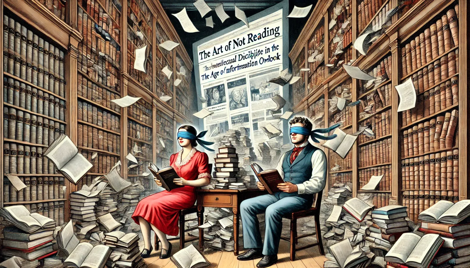 An illustration depicting a man and a woman in a classic study, surrounded by overflowing bookshelves. Both are blindfolded a