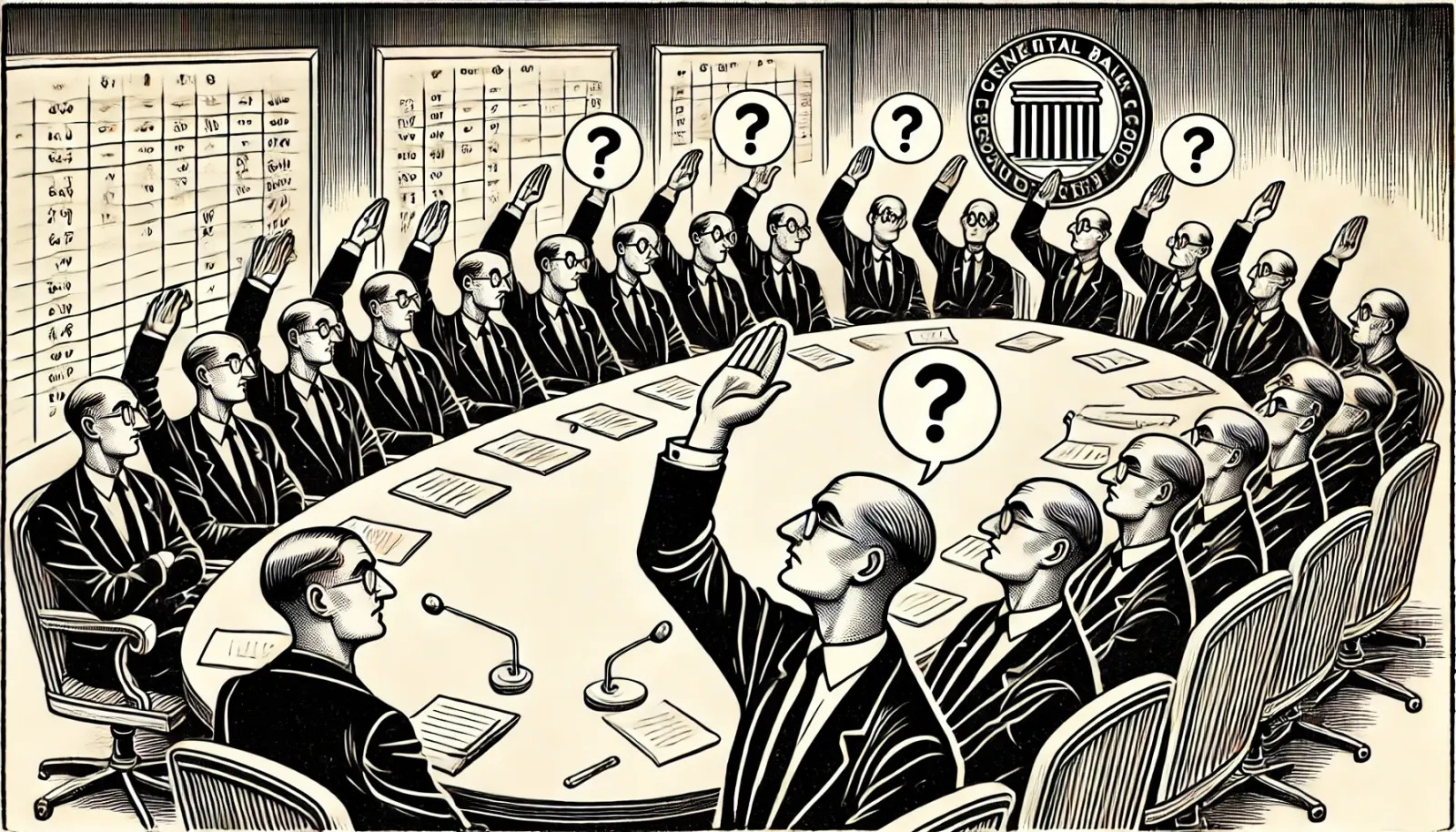 Boardroom meeting where identical participants nod in unison, while a lone dissenting figure raises a hand.