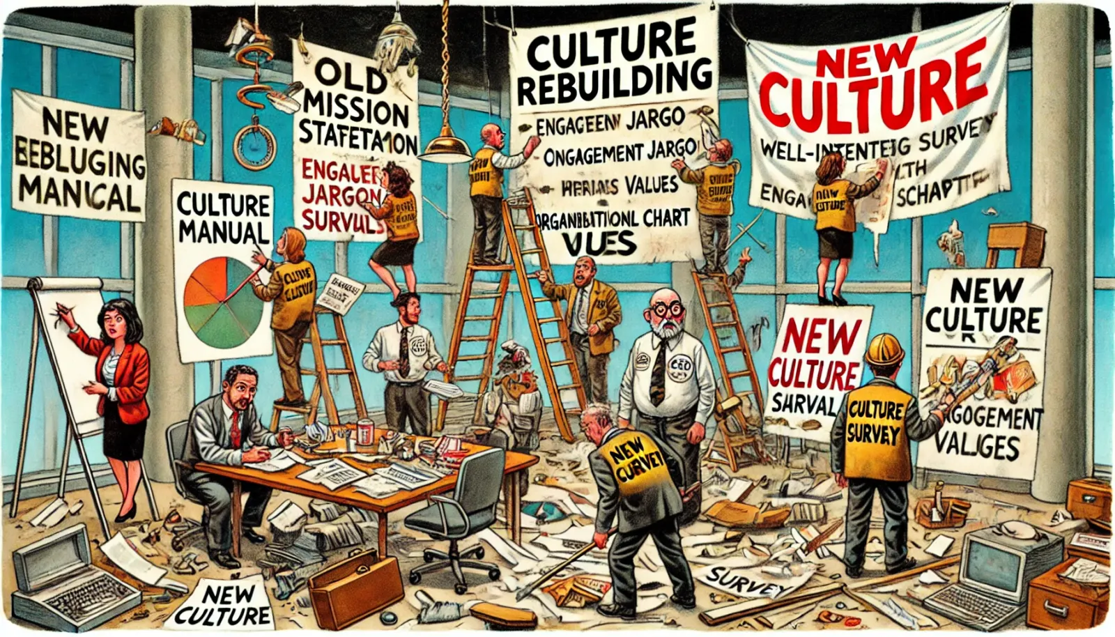 A satirical illustration depicting a chaotic office undergoing a cultural transformation. 