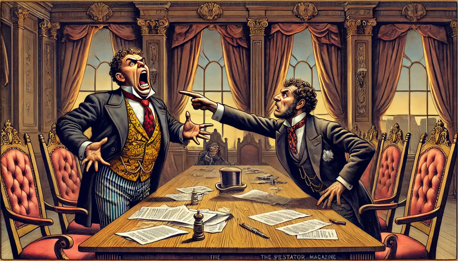 Satirical illustration depicting a tense negotiation scene in an opulent boardroom.