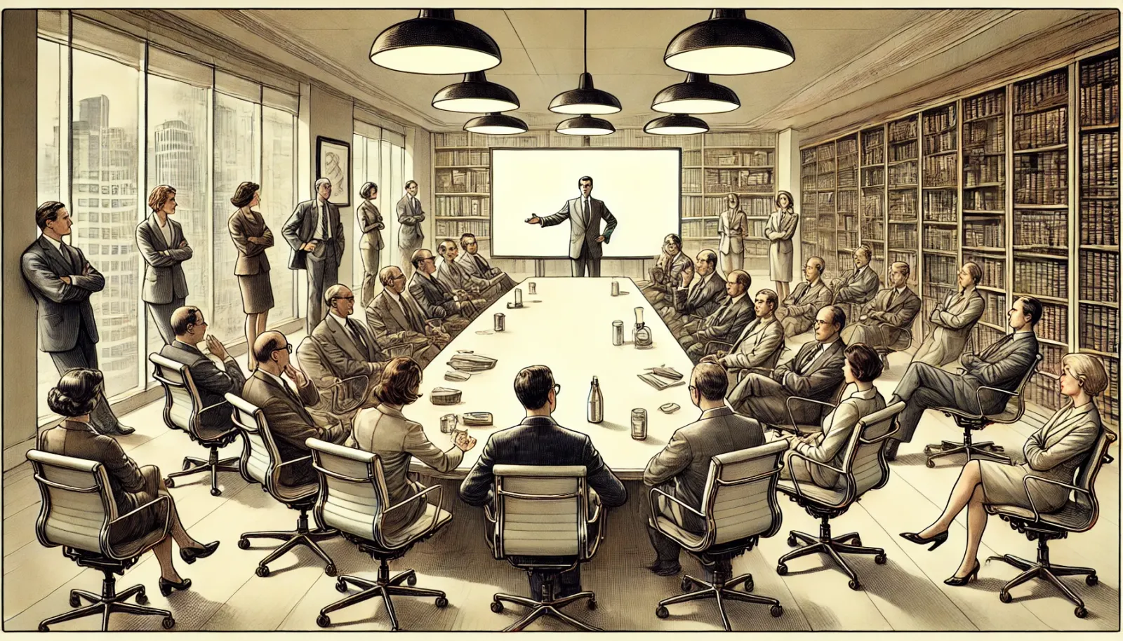 An artistic and sophisticated illustration that portrays a corporate office with a long conference table where a diverse grou
